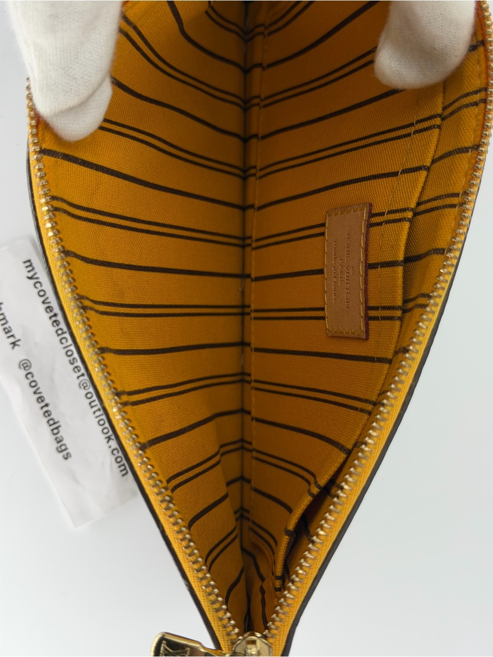 LV Monogram Neverfull Pouch with Rare Yellow Interior w/Dust Bag and Entrupy COA - Picture 9 of 16